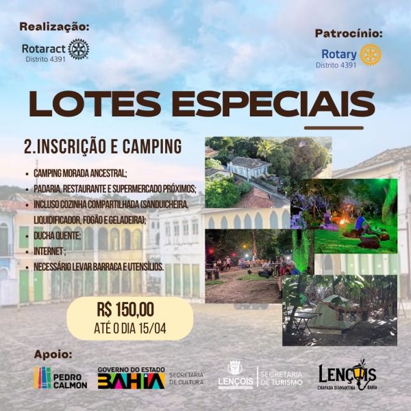 inscrição e camping Camping morada ancestral; padaria, restaurante e supermercado próximos; incluso cozinha compartilhada (sanduicheira, liquidificador, fogão e geladeira); ducha quente; internet ; necessário levar barraca e utensílios.